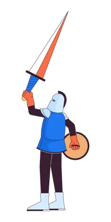 Armored Knight Raising Up Sword 2 D Linear Cartoon Character Medieval Tournament Champion Isolated Line Vector Person White Background Victory In Deadly Battle Color Flat Spot Illustration イラスト