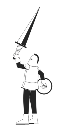 Armored Knight Raising Up Sword Black And White 2 D Line Cartoon Character Medieval Tournament Champion Isolated Vector Outline Person Victory In Deadly Battle Monochromatic Flat Spot Illustration Illustration
