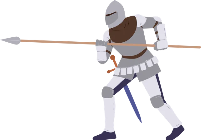 Brave Strong Armored Medieval Knight Flat Cartoon Character Fighting Attacking Holding Peak Isolated On White Background Ancient Warrior Participating In Knighthood Tournament Vector Illustration イラスト