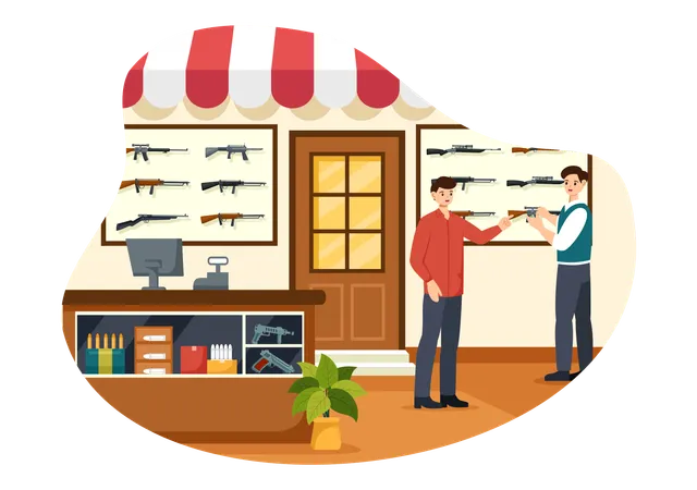Gun Shop Or Hunting Vector Illustration Featuring A Rifle Bullet Weapon And Hunting Equipment In A Flat Style Cartoon Background Design Illustration