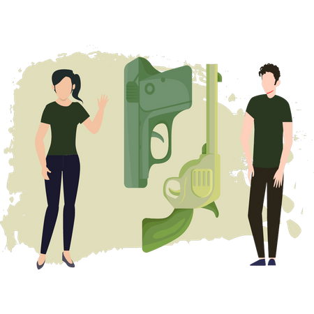 Army Man And Woman Looking At Gun  Illustration