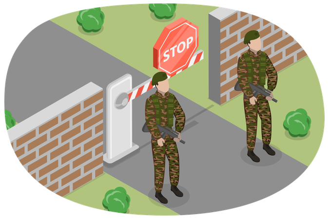 Army man standing with gun at  Closed Border  イラスト