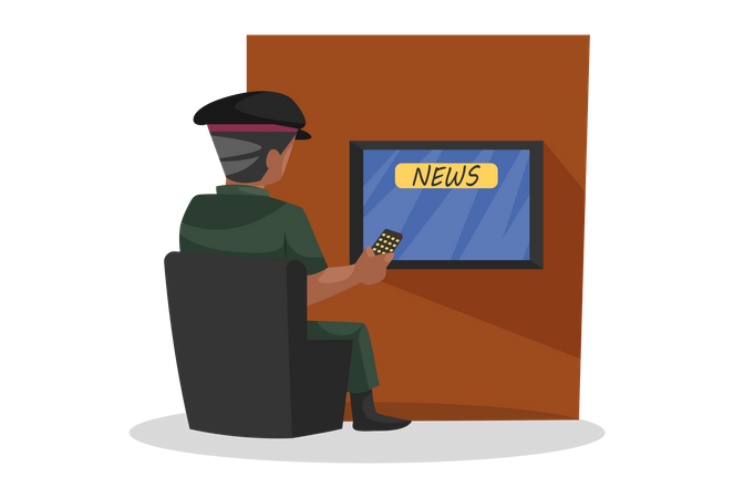 Army man watching news on TV  Illustration