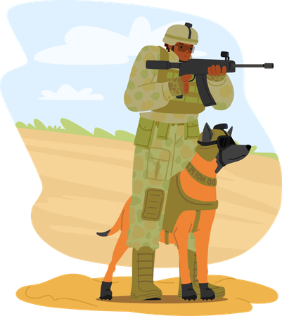 Army Soldier with Dog  イラスト