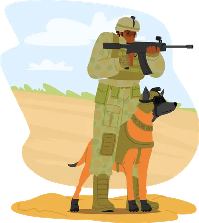 Resilient Soldier Accompanied By A Loyal Dog Forms An Unbreakable Bond Together They Navigate War Challenges Offering Companionship Courage And Unwavering Support On Their Shared Journey Vector Illustration