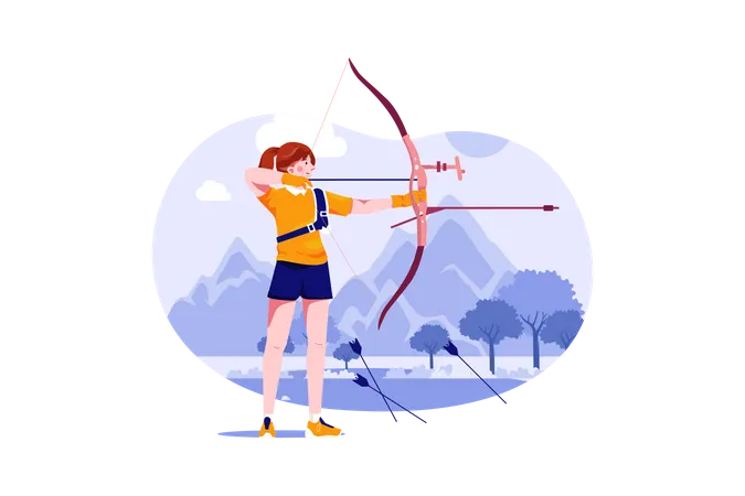 Arqueiro feminino profissional atirando usando arco  Ilustração