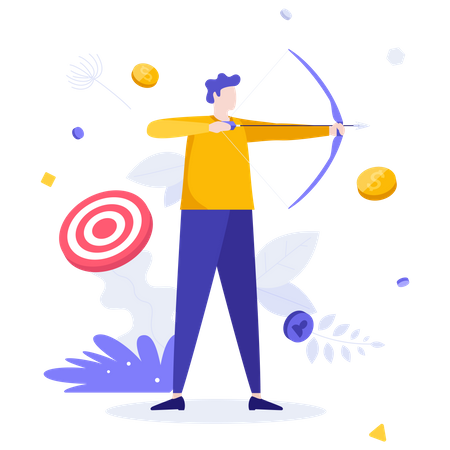 Arqueiro ou arqueiro segurando arco e flecha, mirando e atirando  Ilustração