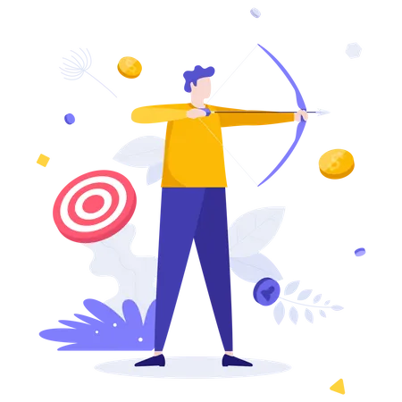 Arqueiro ou arqueiro segurando arco e flecha, mirando e atirando  Ilustração