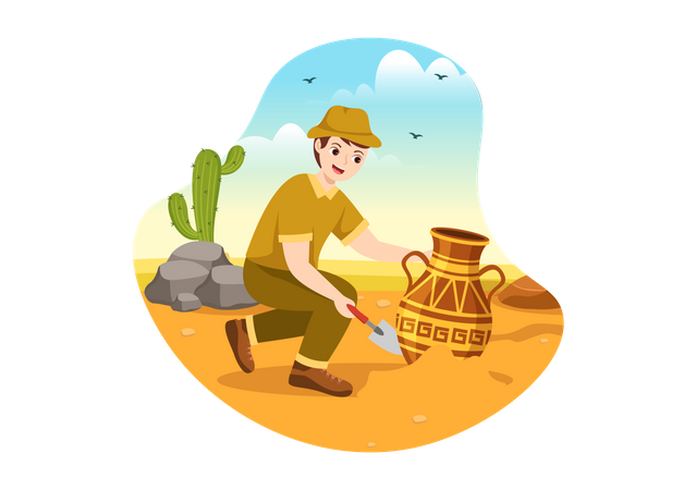 Arqueólogo masculino encontrou antigo pote de barro  Ilustração