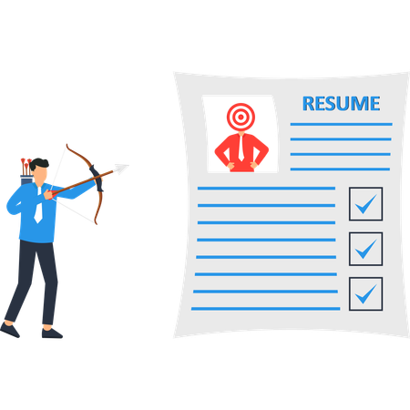 Arquero de negocios que apunta al currículum con objetivos profesionales y solicitud de empleo  Ilustración