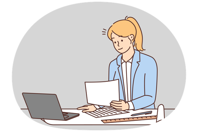 Una arquitecta trabaja en la computadora en la oficina  Ilustración