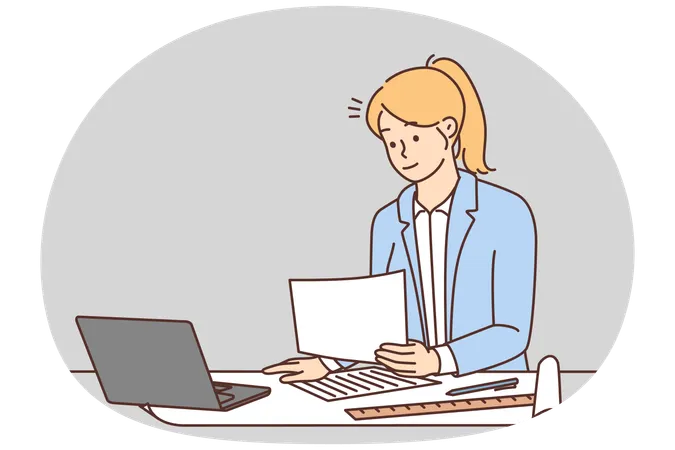 Una arquitecta trabaja en la computadora en la oficina  Ilustración