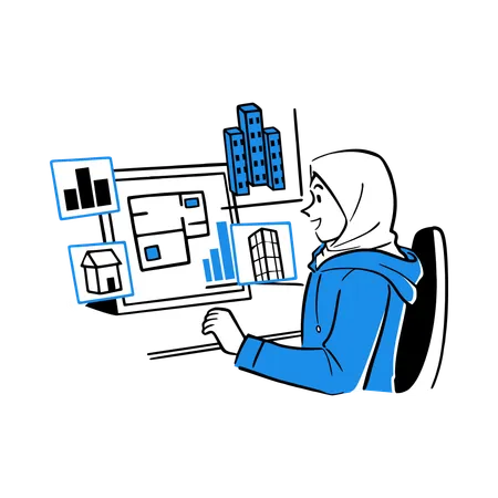 Arquitecto con hijab diseñando un plano de casa  Ilustração