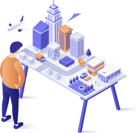 Arquitecto mirando el modelo de ciudad en la mesa  Ilustración