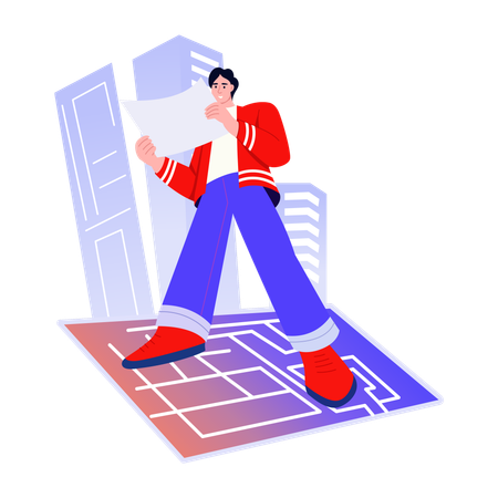 Arquitectura trabajando con planos de construcción  Ilustración