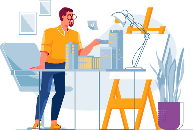 Arquiteto fazendo modelo de construção 3D  Ilustração