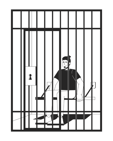 逮捕された容疑者の男が牢獄の鉄格子の奥に座っている  イラスト