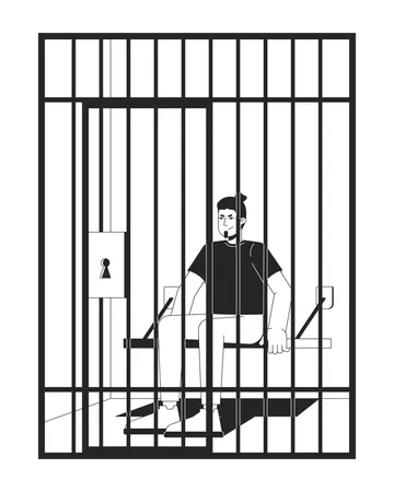 逮捕された容疑者の男が牢獄の鉄格子の奥に座っている  イラスト
