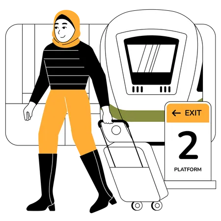 Woman Walking On Train Station Illustration