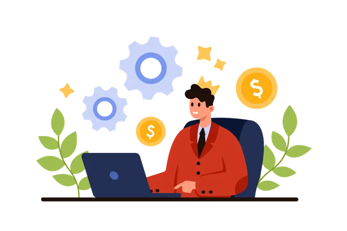 Big Boss Arrogant Behavior Of Successful Confident Businessman Employer Or Corporate Director Portrait Of Tiny Man In Gold Crown Of King Sitting At Table With Laptop Cartoon Vector Illustration Illustration