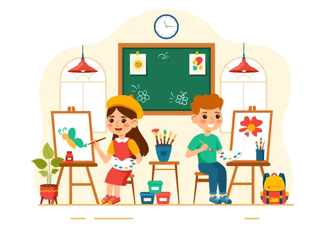 Art School Vector Illustration With Kids Of Painting With Live Model Or Object Using Tools And Equipment In Flat Cartoon Background Design Illustration
