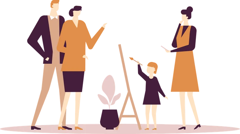 Art Classes Modern Flat Design Style Illustration On White Background Quality Composition With Parents Mother Father Watching Daughter Drawing At The Easel Teacher Helping Education Concept Illustration