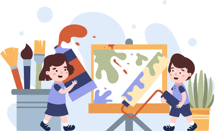 This Colorful Illustration Depicts Kids Having Fun During An Art Class And Is Perfect For Use In Web Design Posters And Campaigns Promoting A Creative And Engaging School Environment The User Friendly And Editable Design Serves As A Valuable Resource For Highlighting The Importance Of Education And Showcasing The Various Opportunities Available To Students In A School Setting Such As Hands On Learning Experiences Like Art Classes That Foster Creativity Self Expression And Artistic Skills Illustration