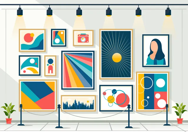 Photo Gallery Vector Illustration For Museum Visitors View Exhibition Of Modern Abstract Paintings And Picture In Contemporary In Flat Background イラスト