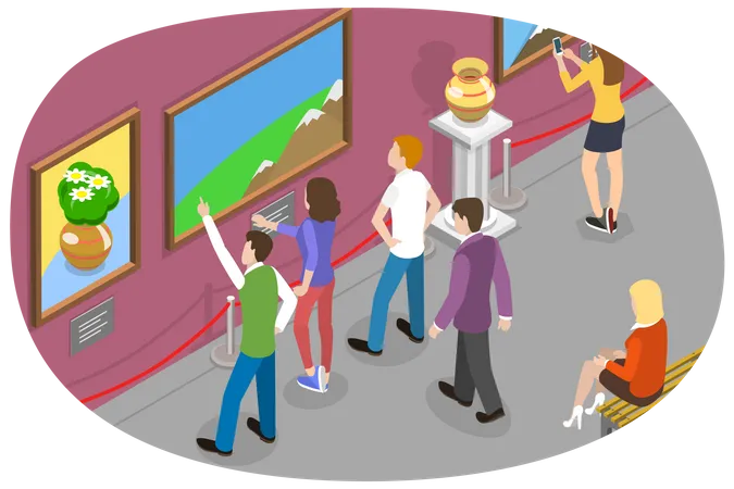 3 D Isometric Flat Vector Conceptual Illustration Of Art Gallery Tourists Looking At Paintings At Ehibition Illustration