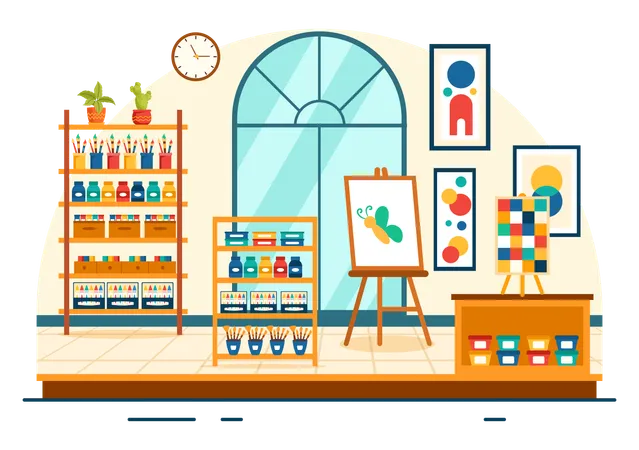Art Store Vector Illustration With Painting Supplies Store Accessories And Tools For Drawing Artists And Designers On Flat Cartoon Background Illustration