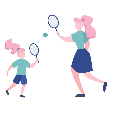Mother and daughter playing tennis Illustration