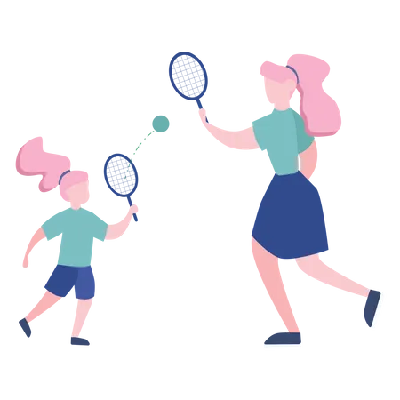 Mother and daughter playing tennis  Illustration
