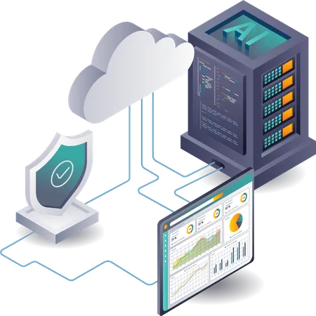 人工知能がクラウドサーバーのデータを分析  イラスト