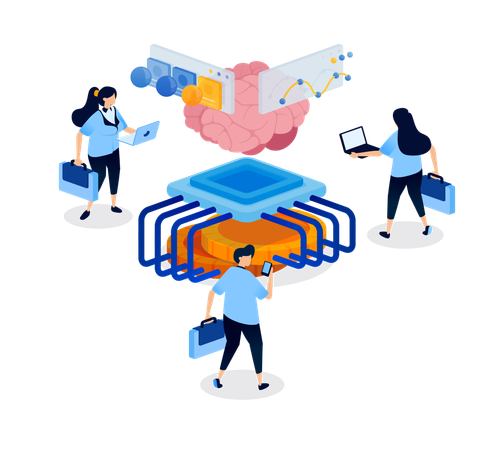 Artificial Intelligence Brain Integrated With Chips for Managing Savings Income and Finance  Illustration