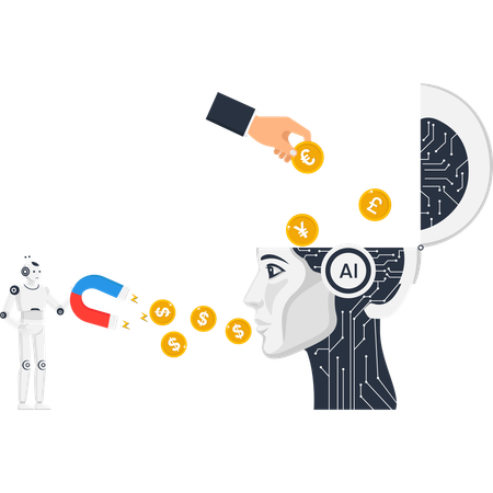 Artificial Intelligence finance  with robot attracting money and receiving currency investment  Illustration