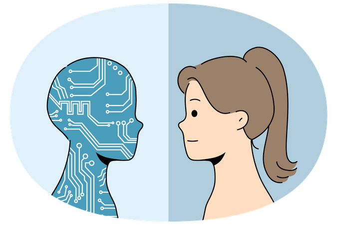 Artificial intelligence in form of silhouette in colors of computer board near woman  Illustration
