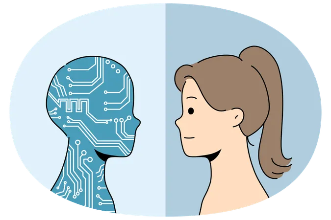 Artificial intelligence in form of silhouette in colors of computer board near woman  Illustration