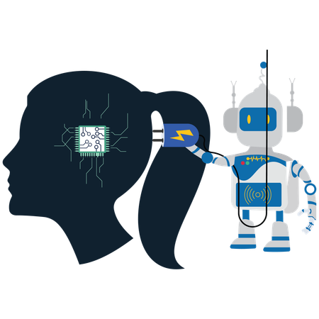 Artificial Intelligence, Insert the plug into the robot head, Businesswoman  Illustration