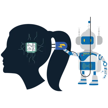 Artificial Intelligence, Insert the plug into the robot head, Businesswoman  Illustration