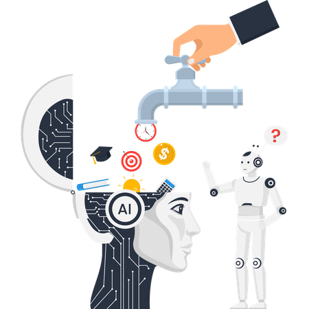 Artificial Intelligence machine learning concept with data flowing into a robot head representing knowledge transfer and programming  Illustration