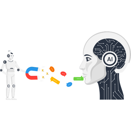 Artificial Intelligence marketing automation concept with robot attracting customer data and communication with a magnet for lead generation  Illustration