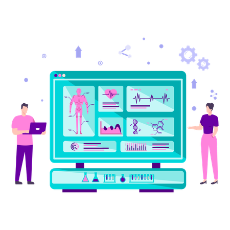 Artificial intelligence researchers observing various configurations in the human body within lab setting  Illustration