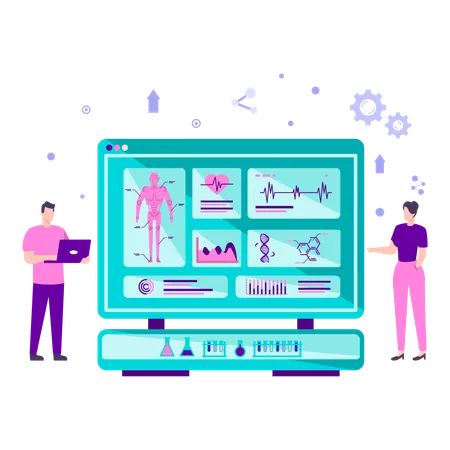 Artificial intelligence researchers observing various configurations in the human body within lab setting  Illustration