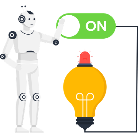 Artificial intelligence robot activating an idea with a power switch turning on a light bulb for innovation and technology  Illustration
