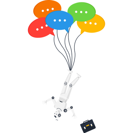 Artificial intelligence robot floating upside down with colorful speech bubble balloons and falling briefcase  Illustration