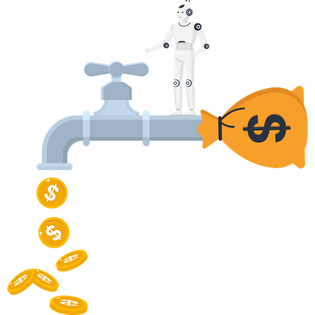 Artificial intelligence robot generating passive income from money faucet with falling gold coins  Illustration