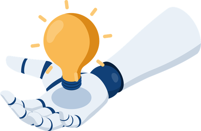 Artificial intelligence robot hand holding shining lightbulb  Illustration