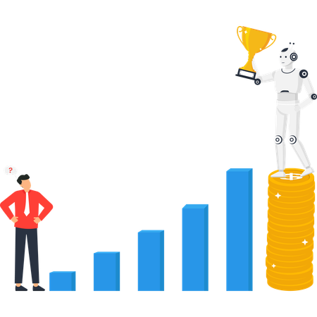 Artificial intelligence robot holding trophy on gold coins with confused businessman looking at growth chart  Illustration