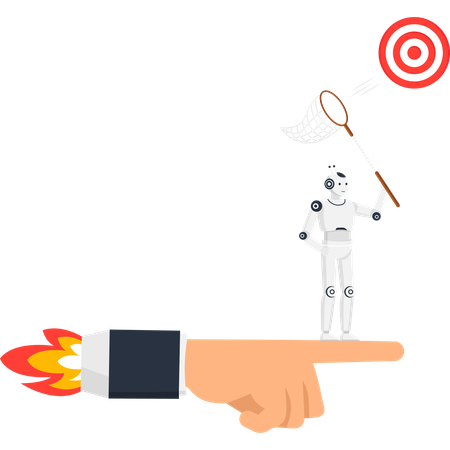 Artificial Intelligence robot on launching hand aiming for business goal target  Illustration