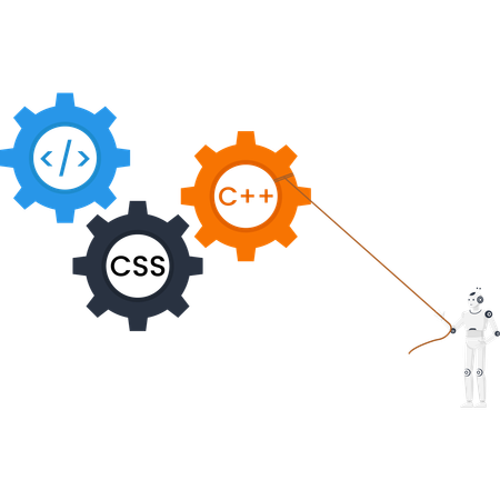 Artificial intelligence robot pulling programming language gears for software development automation with C++ and CSS Illustration